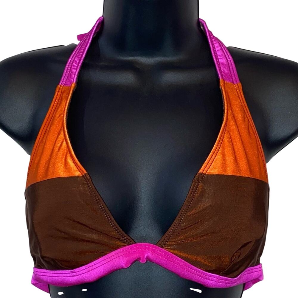 W Swim Colorblock Halter Bikini Top Large Retro Y2K Colorblock Swimwear
